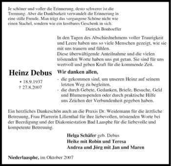 Traueranzeige von Heinz Debus von Tageszeitung