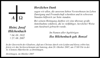 Traueranzeige von Heinz Josef Hilchenbach von Tageszeitung