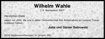Traueranzeige von Wilhelm Wahle von Tageszeitung