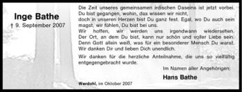 Traueranzeige von Inge Bathe von Tageszeitung