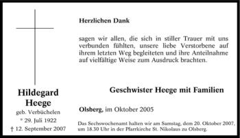 Traueranzeige von Hildegard Heege von Tageszeitung