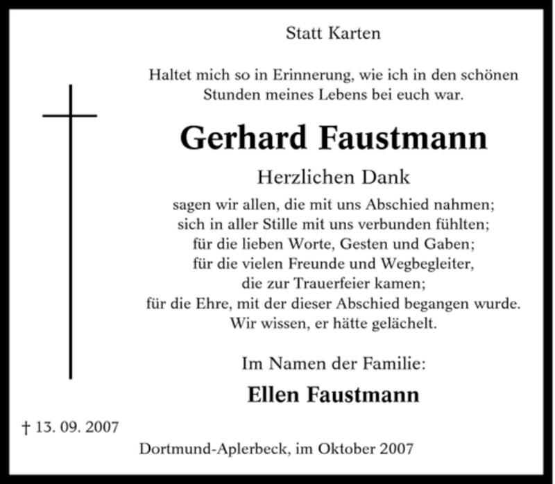  Traueranzeige für Gerhard Faustmann vom 13.10.2007 aus Tageszeitung