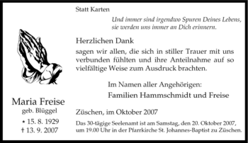 Traueranzeige von Maria Freise von Tageszeitung