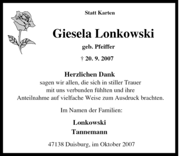 Traueranzeige von Giesela Lonkowski von Tageszeitung