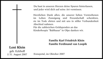 Traueranzeige von Leni Klein von Tageszeitung