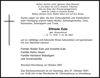 Traueranzeige von Elfriede Eule von Tageszeitung