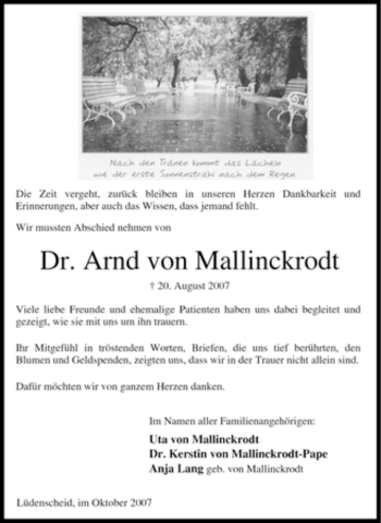 Traueranzeige von Arnd von Mallinckrodt von Tageszeitung