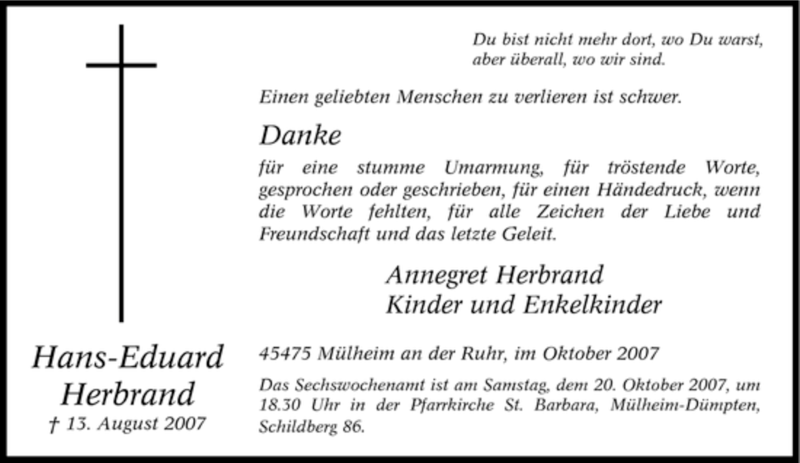 Traueranzeige für Hans-Eduard Herbrand vom 13.10.2007 aus Tageszeitung