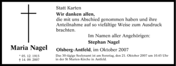 Traueranzeige von Maria Nagel von Tageszeitung