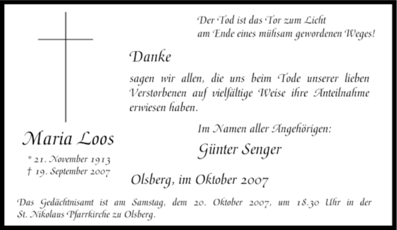  Traueranzeige für Maria Loos vom 13.10.2007 aus Tageszeitung