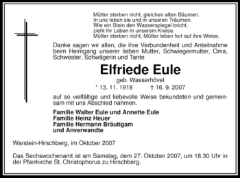 Traueranzeige von Elfriede Eule von Tageszeitung