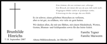 Traueranzeige von Brunhilde Hinrichs von Tageszeitung