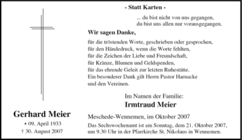 Traueranzeige von Gerhard Meier von Tageszeitung