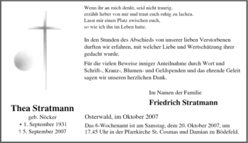 Traueranzeige von Thea Stratmann von Tageszeitung