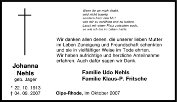 Traueranzeige von Johanna Nehls von Tageszeitung