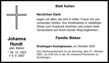 Traueranzeige von Johanna Hundt von Tageszeitung