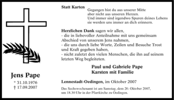 Traueranzeige von Jens Pape von Tageszeitung