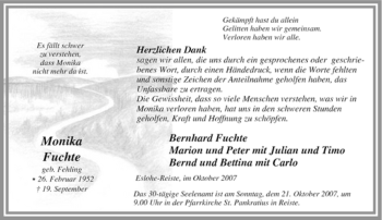 Traueranzeige von Monika Fuchte von Tageszeitung