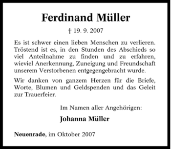 Traueranzeige von Ferdinand Müller von Tageszeitung