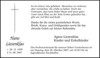 Traueranzeige von Hans Liesenklas von Tageszeitung