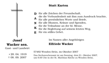 Traueranzeige von Josef Wacker von Tageszeitung