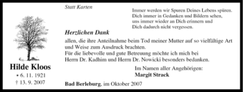 Traueranzeige von Hilde Kloos von Tageszeitung