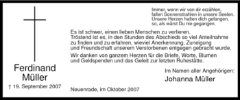 Traueranzeige von Ferdinand Müller von Tageszeitung