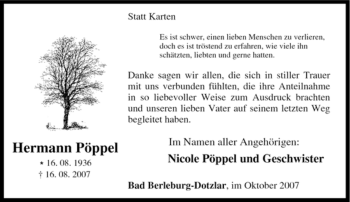 Traueranzeige von Hermann Pöppel von Tageszeitung