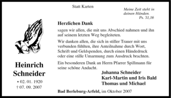Traueranzeige von Heinrich Schneider von Tageszeitung