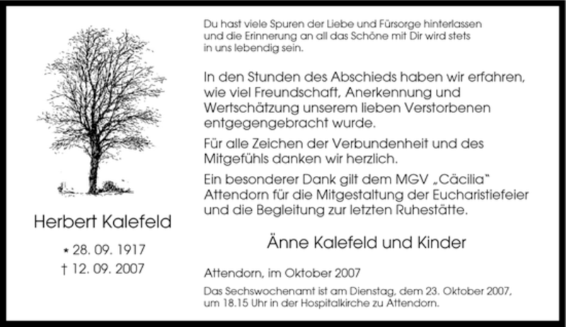  Traueranzeige für Herbert Kalefeld vom 19.10.2007 aus Tageszeitung