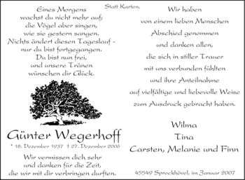 Traueranzeige von Günter Wegerhoff von Tageszeitung