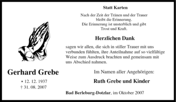 Traueranzeige von Gerhard Grebe von Tageszeitung