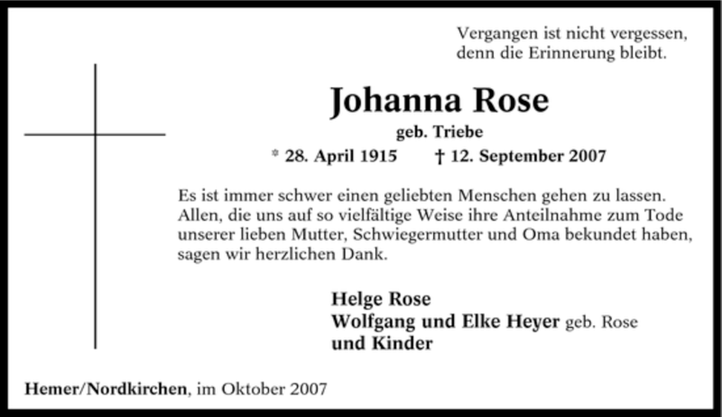  Traueranzeige für Johanna Rose vom 20.10.2007 aus Tageszeitung