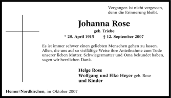 Traueranzeige von Johanna Rose von Tageszeitung