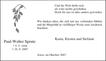 Traueranzeige von Paul-Walter Sprute von Tageszeitung