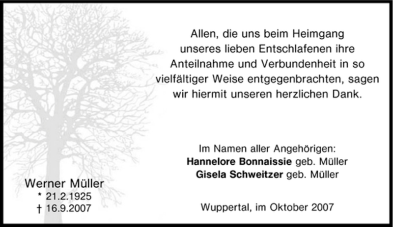  Traueranzeige für Werner Müller vom 20.10.2007 aus Tageszeitung