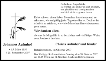 Traueranzeige von Johannes Aufmhof von Tageszeitung