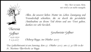 Traueranzeige von Theresia Geßner von Tageszeitung