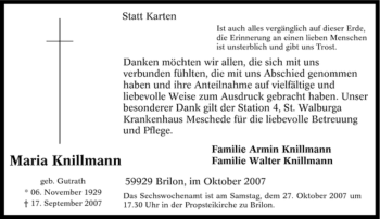 Traueranzeige von Maria Knillmann von Tageszeitung