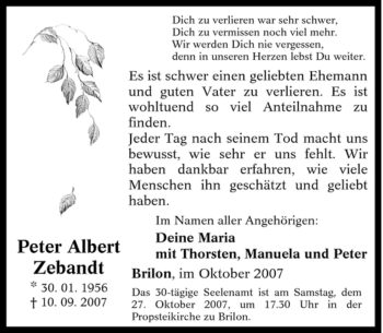 Traueranzeige von Peter Albert Zebandt von Tageszeitung