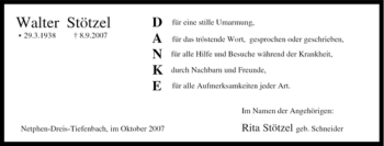 Traueranzeige von Walter Stötzel von Tageszeitung