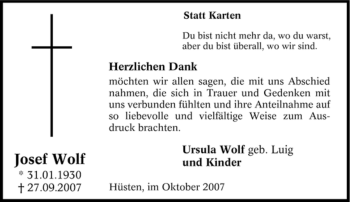 Traueranzeige von Josef Wolf von Tageszeitung