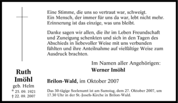 Traueranzeige von Ruth Imöhl von Tageszeitung