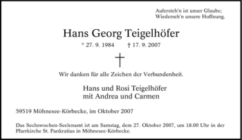 Traueranzeige von Hans Georg Teigelhöfer von Tageszeitung