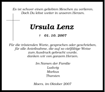 Traueranzeige von Ursula Lenz von Tageszeitung