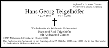 Traueranzeige von Hans Georg Teigelhöfer von Tageszeitung