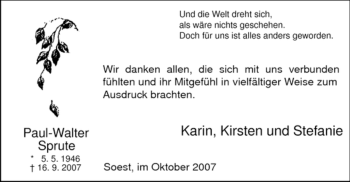 Traueranzeige von Paul-Walter Sprute von Tageszeitung