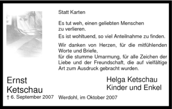 Traueranzeige von Ernst Ketschau von Tageszeitung