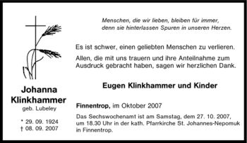 Traueranzeige von Johanna Klinkhammer von Tageszeitung