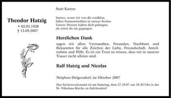 Traueranzeige von Theodor Hatzig von Tageszeitung